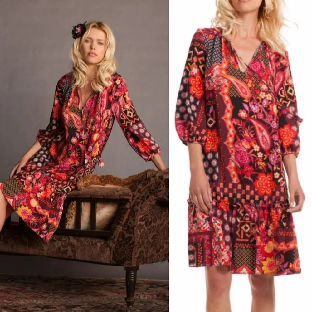 Trina Turk Jaine Silk Mini Dress Mixed Floral Pattern Paisley Boho Pink Womens S